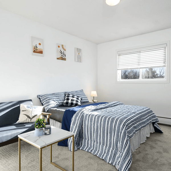 Bright living room with couch and decor